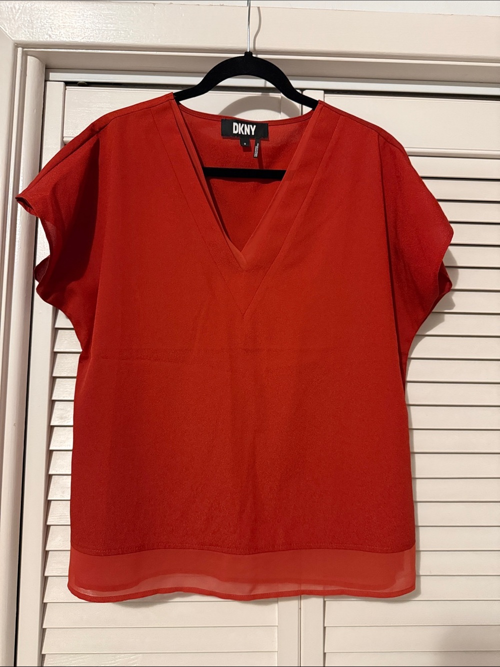 DKNY Rusty Orange V-Neck Cap Sleeve Blouse with Sheer Hem